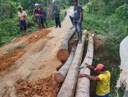 Jembatan Penghubung Antar Desa di Inhu Rusak Parah, Warga Goro Memperbaiki