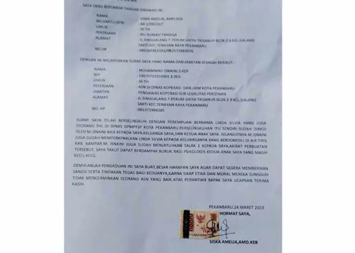 Suami Selingkuh, Istri ASN Diskop Pekanbaru Minta Keadilan, Lapor ke BKPSDM