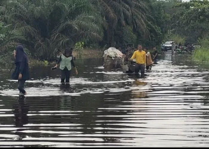 Warga Nekat Terobos Banjir di Jalan Lintas Kampar Pekanbaru