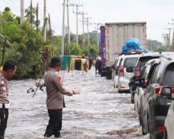 Banjir Rendam Jalan Lintas Sumatera di Pelalawan, Dua Truk Rebah