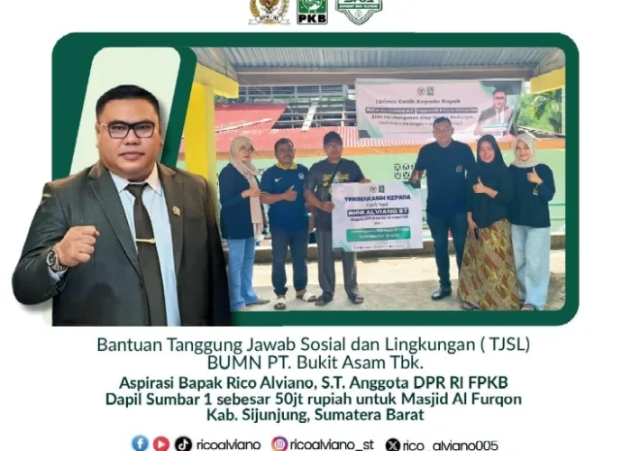 Anggota DPR Rico Alviano Beri Bantuan TJSL Rp 50 Juta ke Masjid Al Furqon di Kabupaten Sijunjung