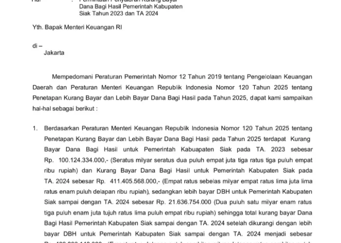 Surati Menteri Keuangan, Bupati Siak Minta Pencairan DBH Rp489,8 Miliar Untuk Bayar Utang