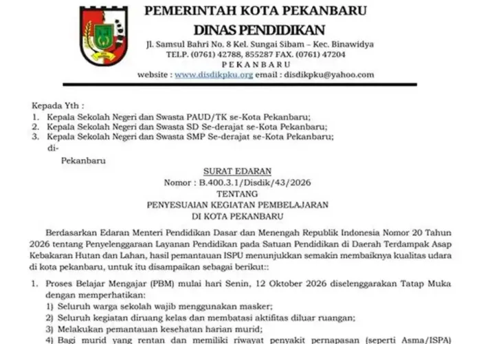 Udara Pekanbaru Membaik, Besok Murid PAUD-SMP Kembali Belajar di Sekolah