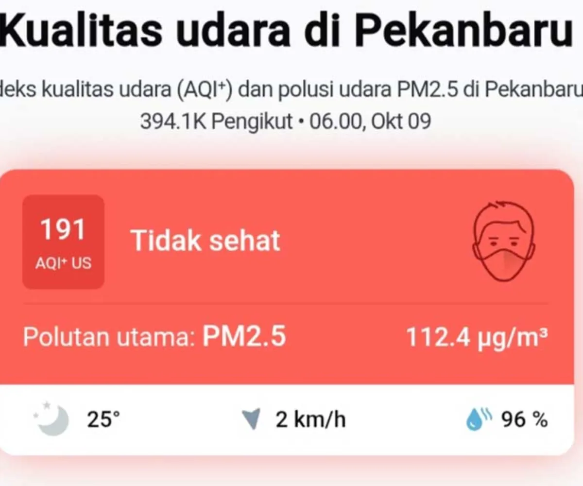 Udara Pekanbaru Masuk Kategori Tidak Sehat, PM2.5 Tembus 117,4 µg/m³